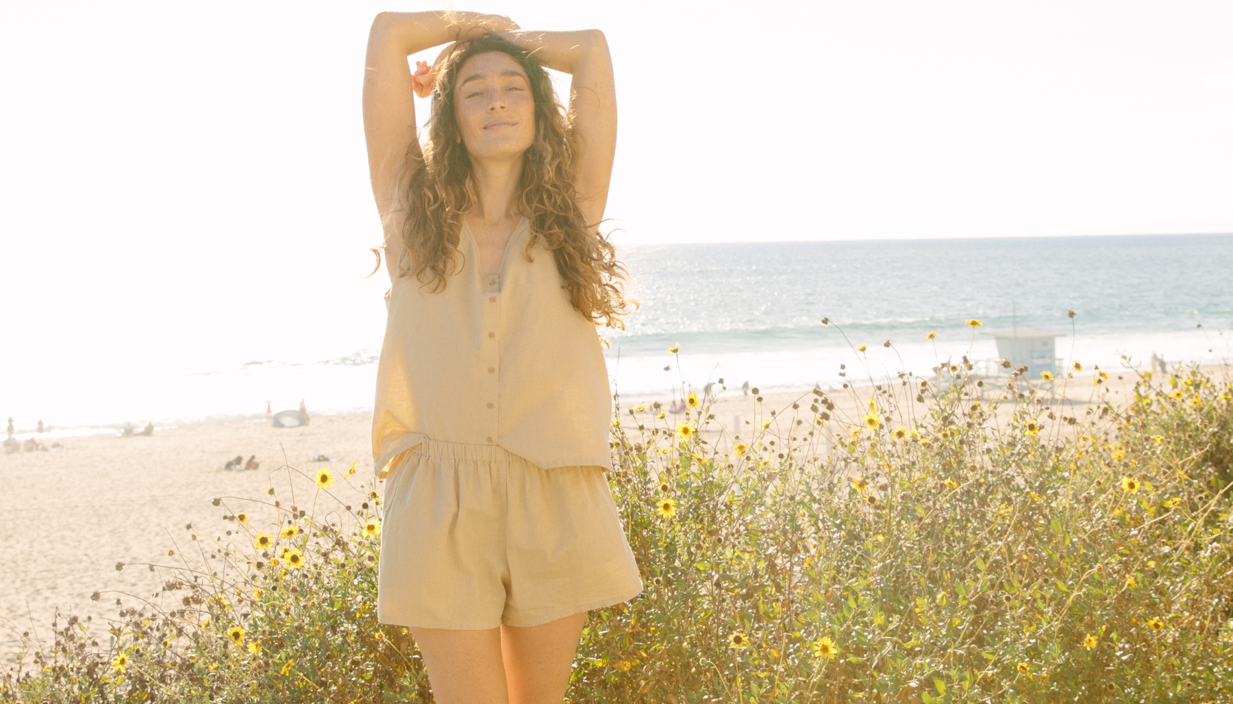Women wear organic button down top