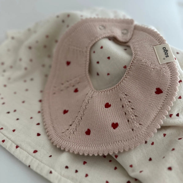 Knitted Baby Bib - Organic Cotton - Heart & Embroidery