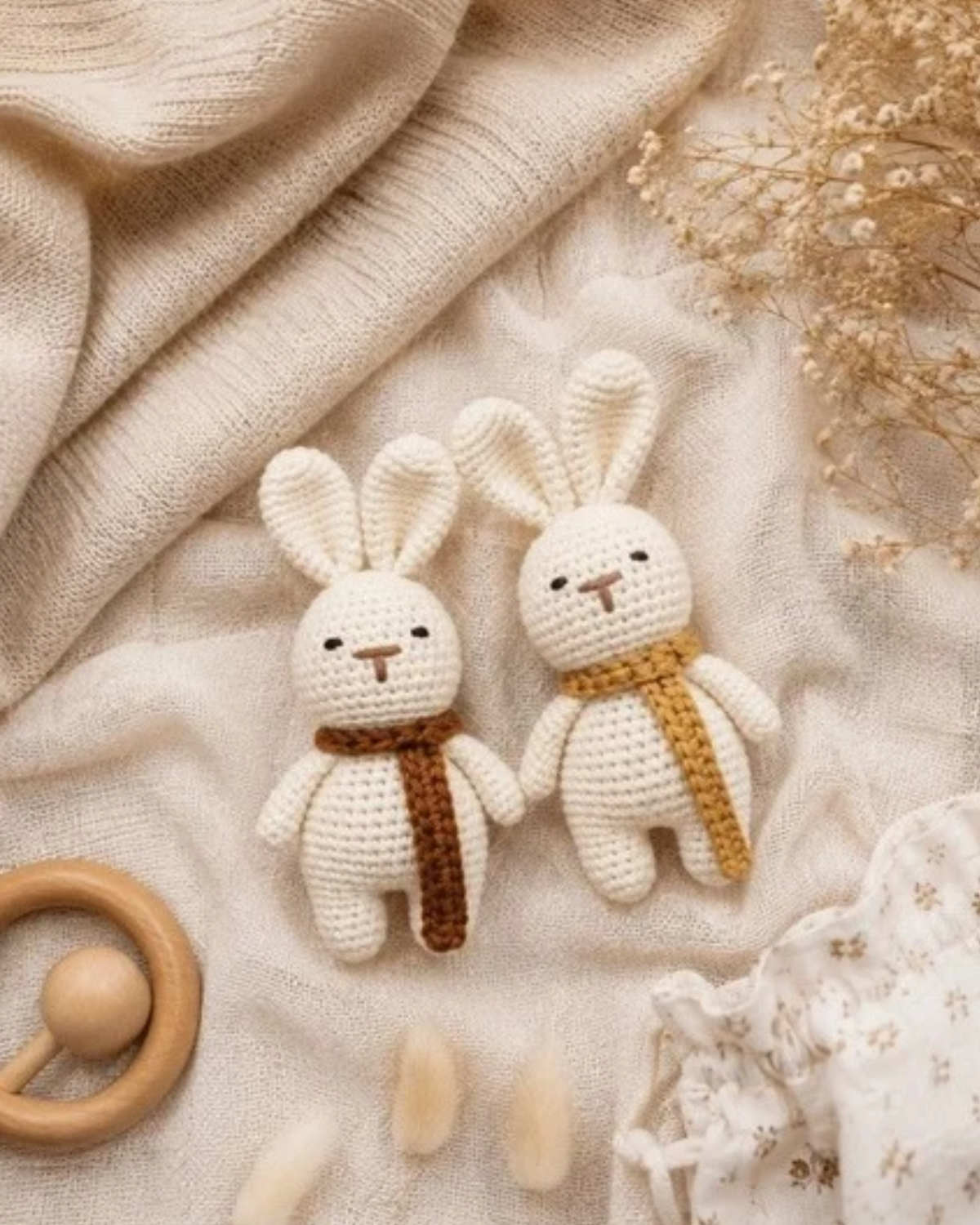 Handmade Organic Cotton Bunny Rattle - mustard