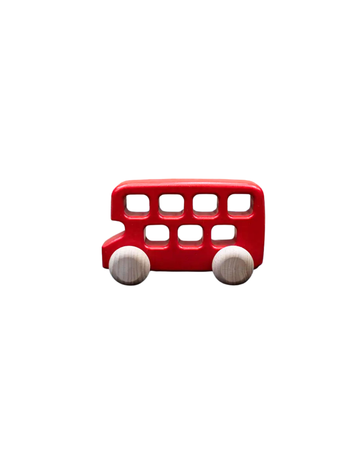 Red toy bus with white wheels on a white background