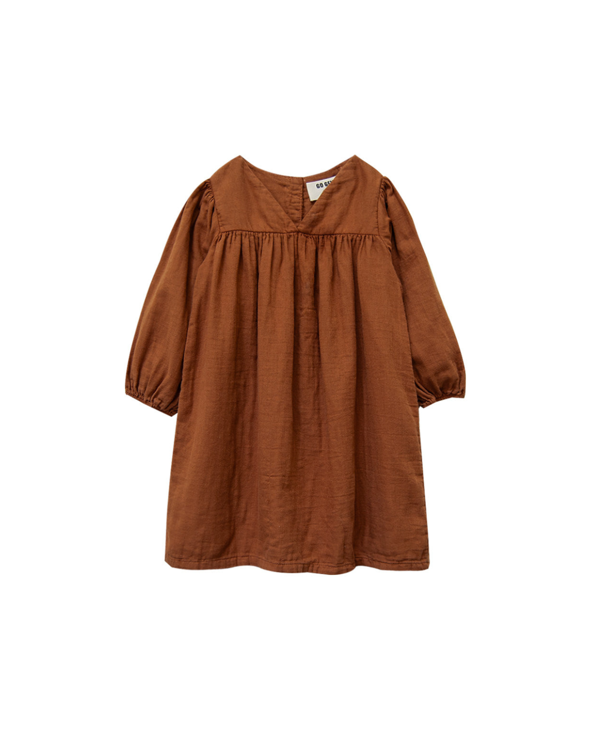 Brown dress with puff sleeves on a white background