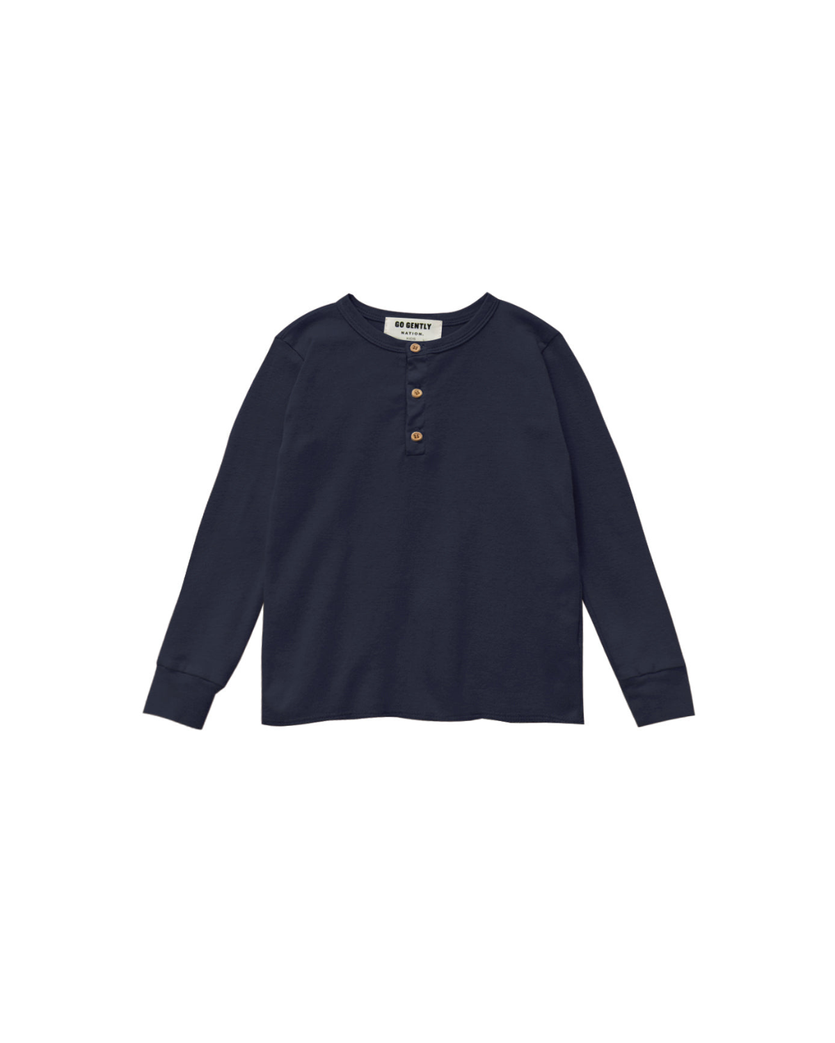 Navy blue long-sleeve shirt with buttons on a white background