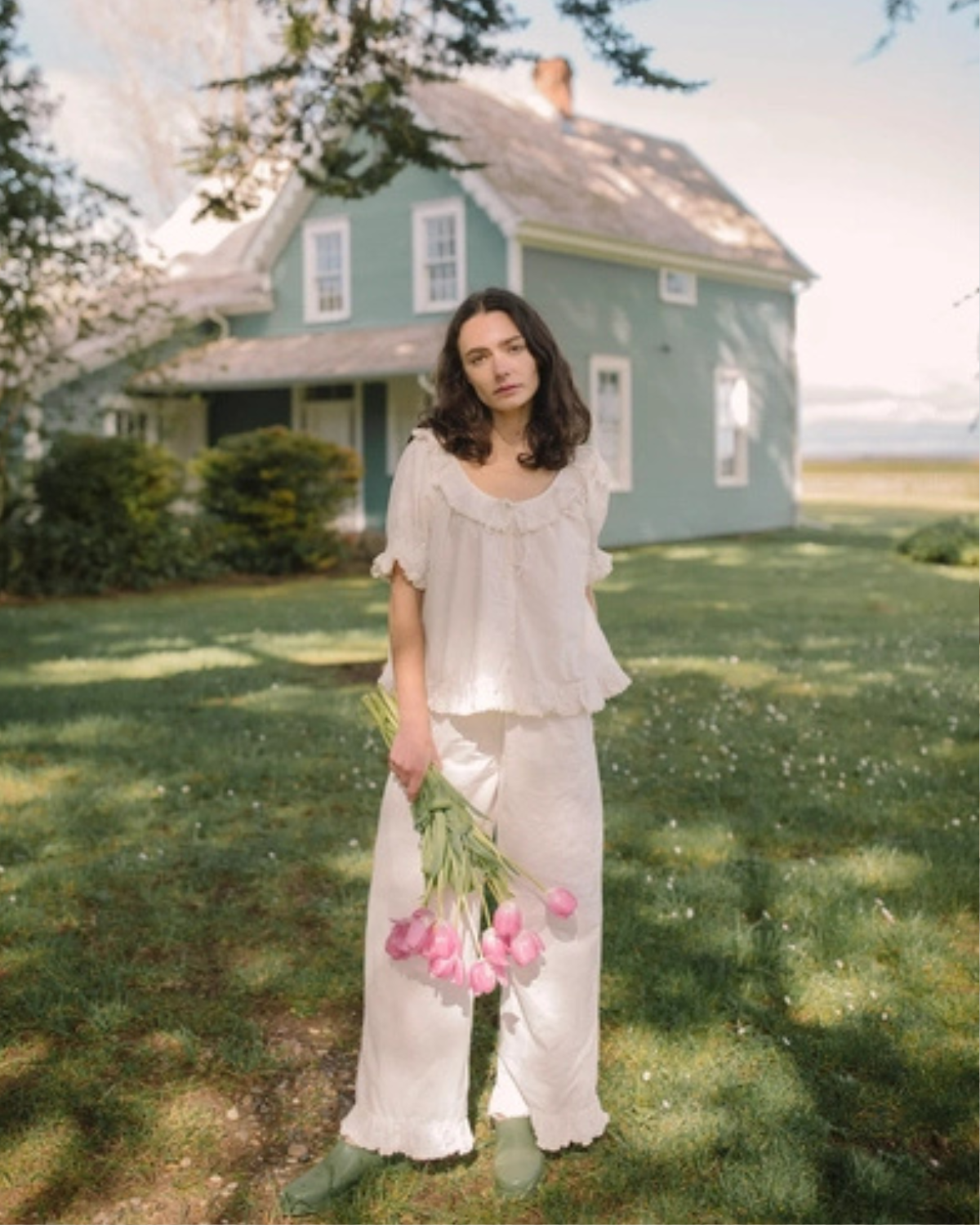 The Emmé Pajama Set in Antique White-Ruffle Trim Pj Set
