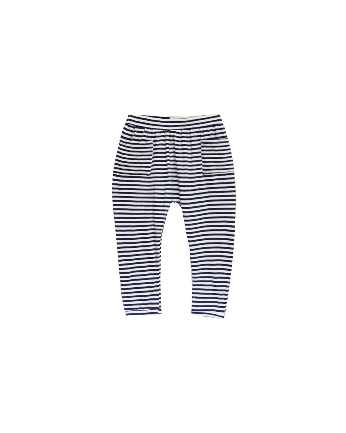 Navy and white striped baby leggings on a white background