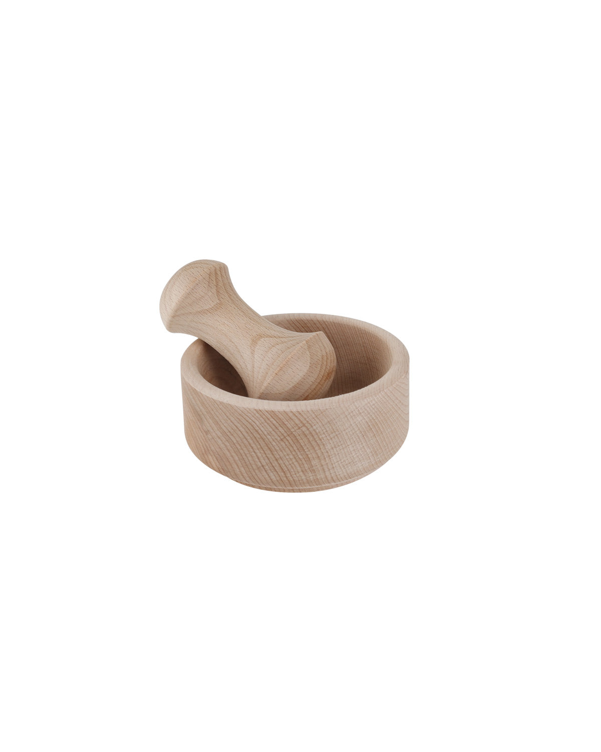 A wooden mortar and pestle made of untreated beechwood, intended for crushing and grinding herbs and spices.