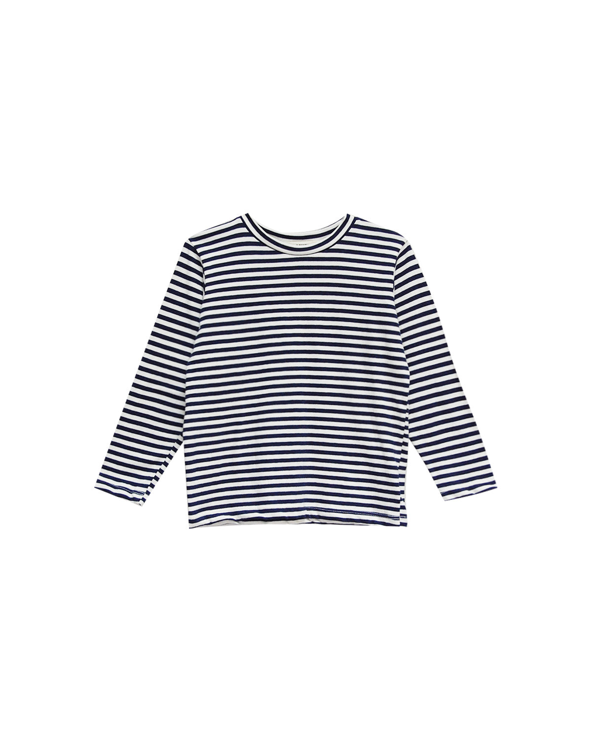Navy and white striped long-sleeve shirt on a white background