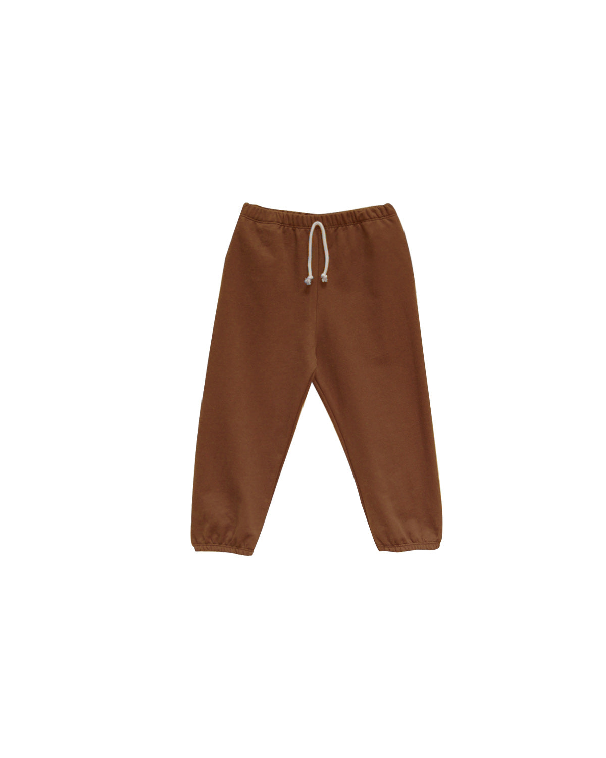 Brown sweatpants with a white drawstring on a white background