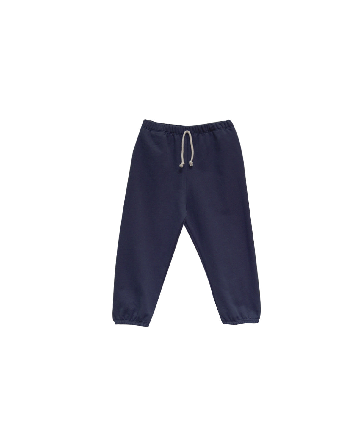 Navy blue jogger pants with a drawstring on a white background