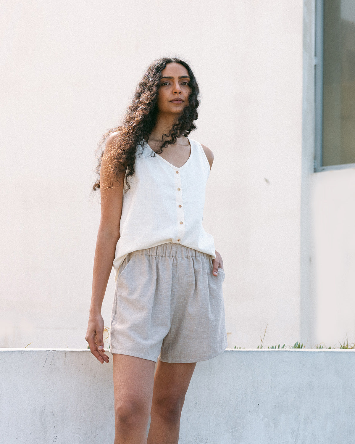 button tank and woven short