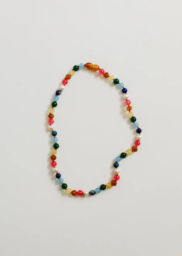 Raw Baltic Amber - Pearl Necklace + Sweet Pink Gemstones <br> Canyon Leaf