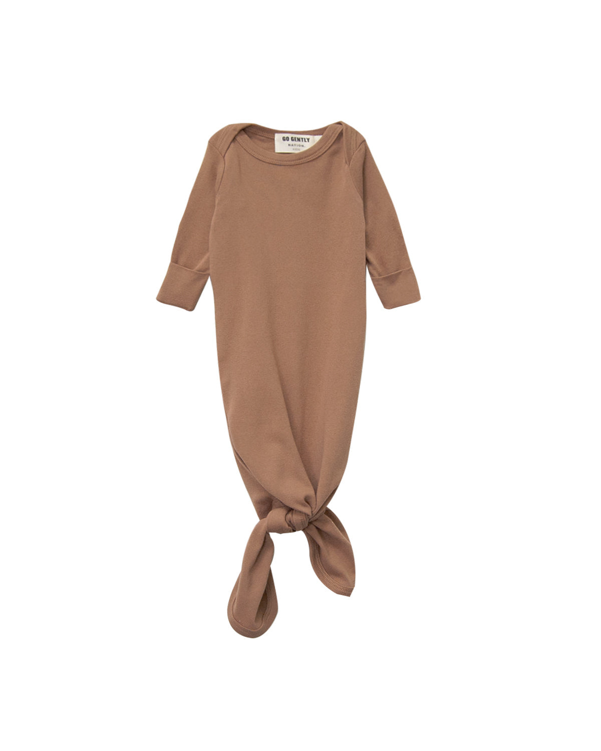 A brown newborn baby gown with rib binding and a knotted bottom.