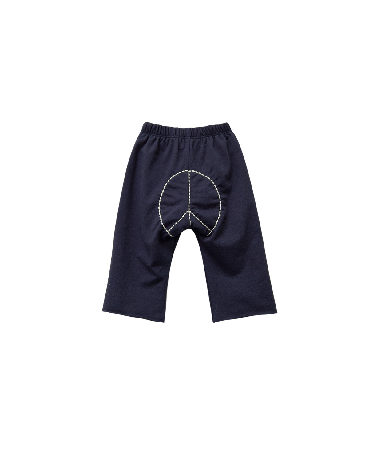 Navy blue baby pants with a manually applied embroidered peace sign on the back, featuring an elastic waist and tacked cotton twill tape drawstring.