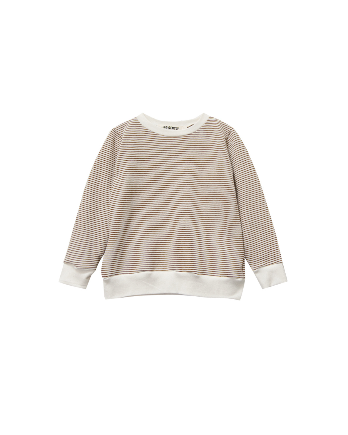 Striped sweater with a brand label on a white background