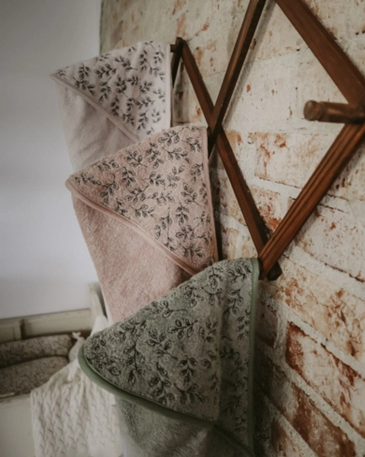 Terry Baby Hooded Bath Towel- Powder Leaf Embroidery