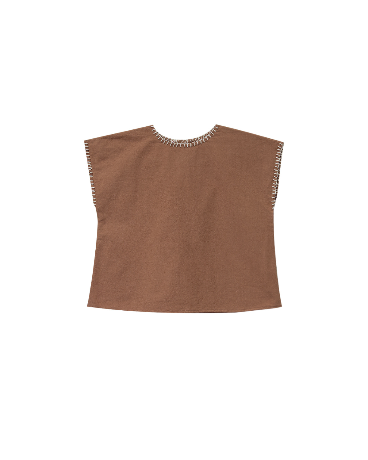 Brown sleeveless top with decorative neckline on a white background