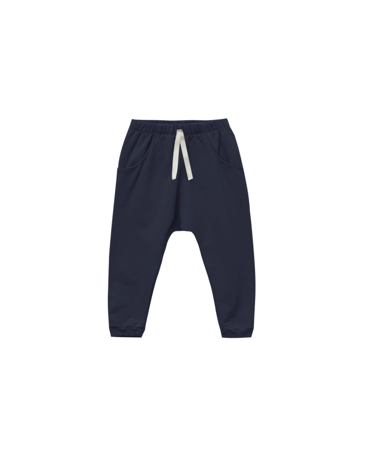 Navy blue jogger pants with a white drawstring on a white background
