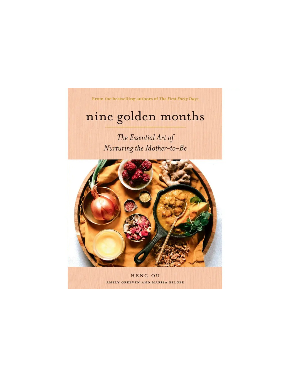 Book cover of 'Nine Golden Months' with a wooden table and food items on a beige background