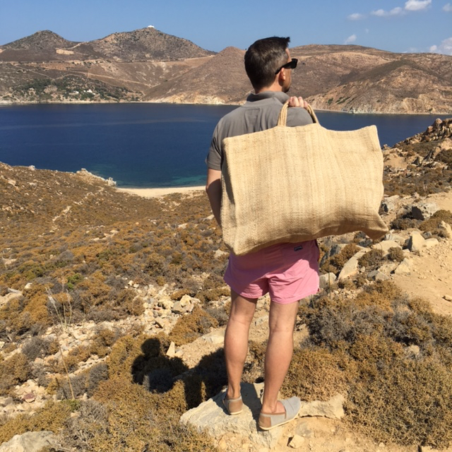 Extra large jute bag - Blue and Brown Stripes
