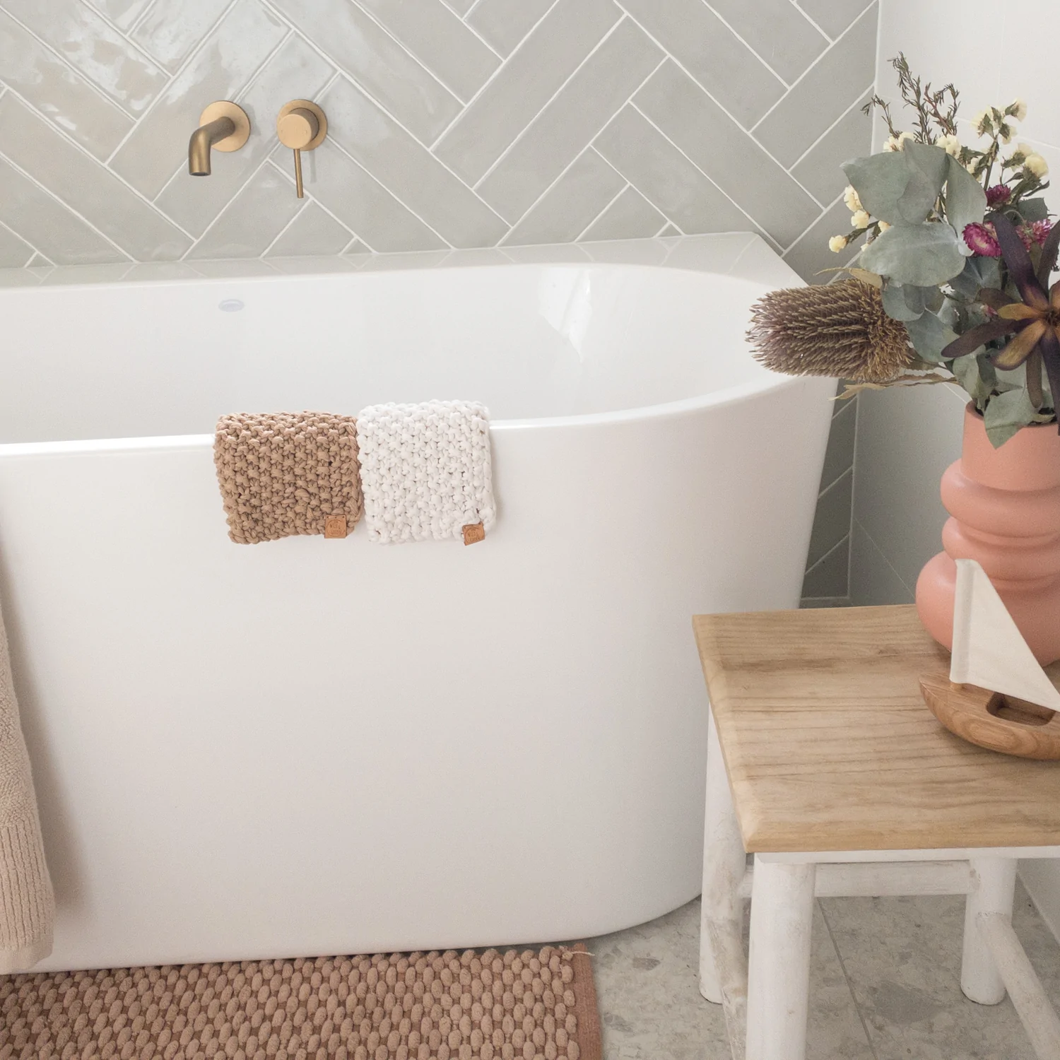 Hand Knitted Wash Cloths - Beige <br> Little Wild & Green