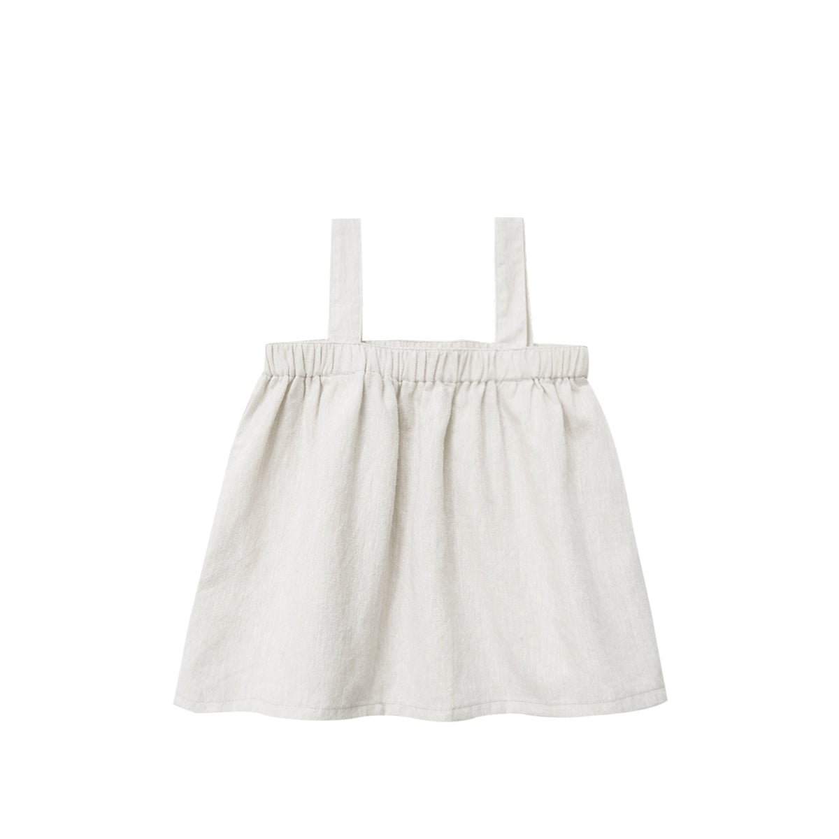 A beige baby paperbag top with thin straps and elastic at the top with a true to size fit.