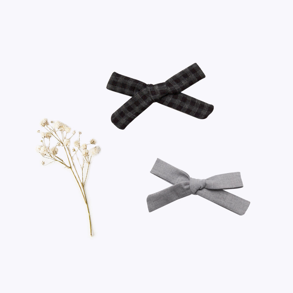 Mini Bow Set - gray/black gingham & gray chambray