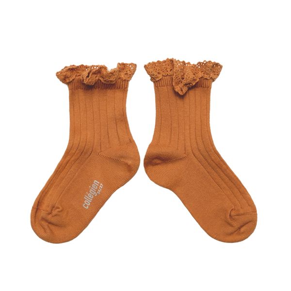 Women's Lace Trim Ribbed Ankle Socks - terra cotta