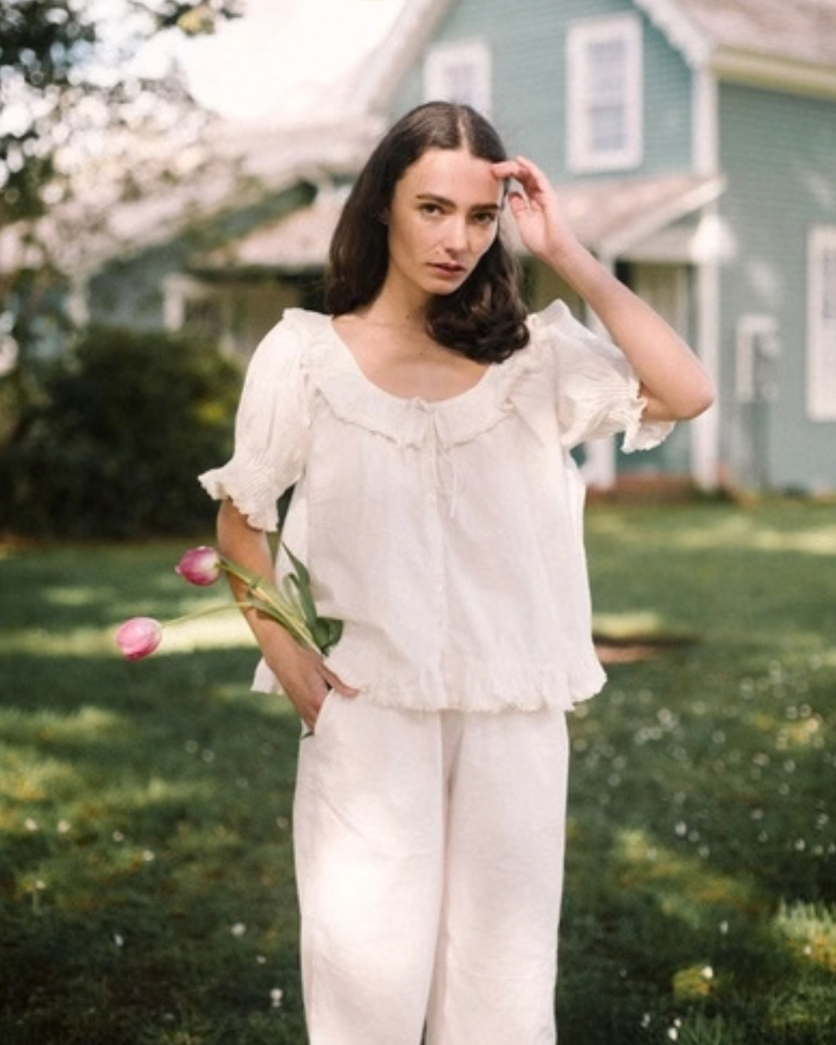 The Emmé Pajama Set in Antique White-Ruffle Trim Pj Set