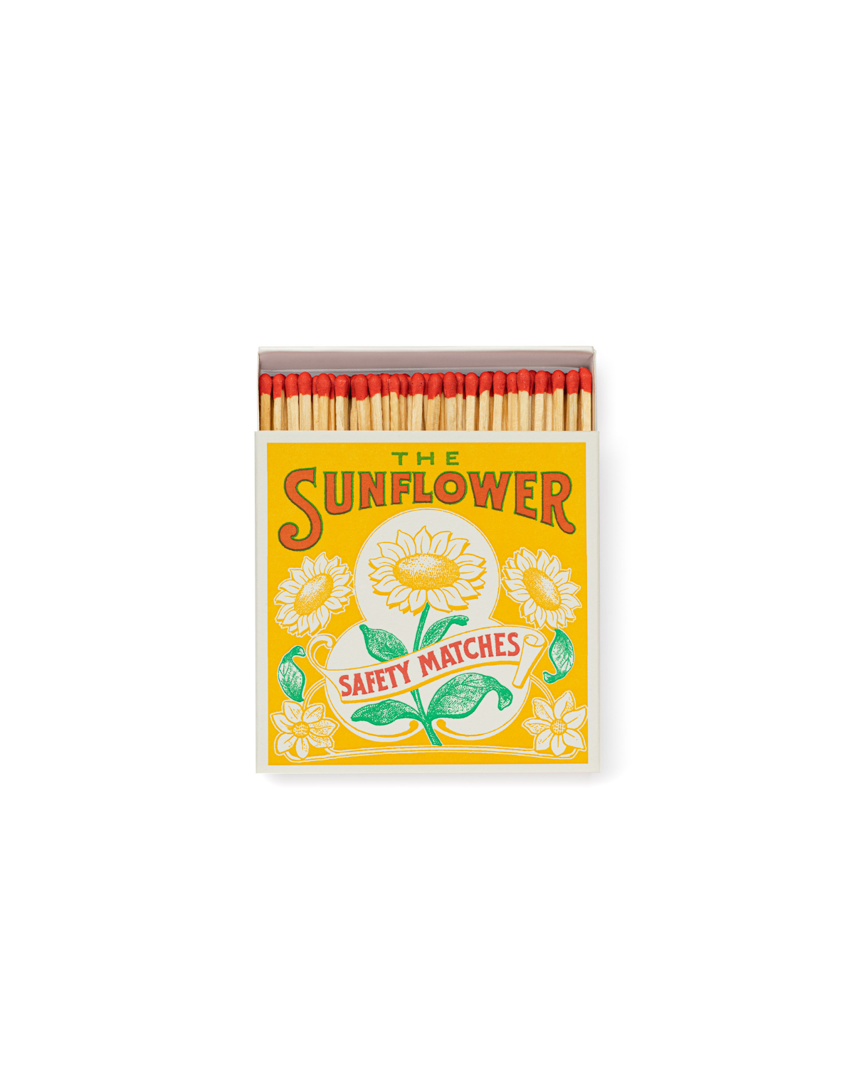 The Sunflower Luxury Matches are summertime on a matchbox. Sunshiney yellow, meadow-green and gorgeous floral illustrations make for one of the happiest designs you ever did see. The perfect way to make someone smile, whatever the weather.The Sunflower Luxury Matches are summertime on a matchbox. Sunshiney yellow, meadow-green and gorgeous floral illustrations make for one of the happiest designs you ever did see.