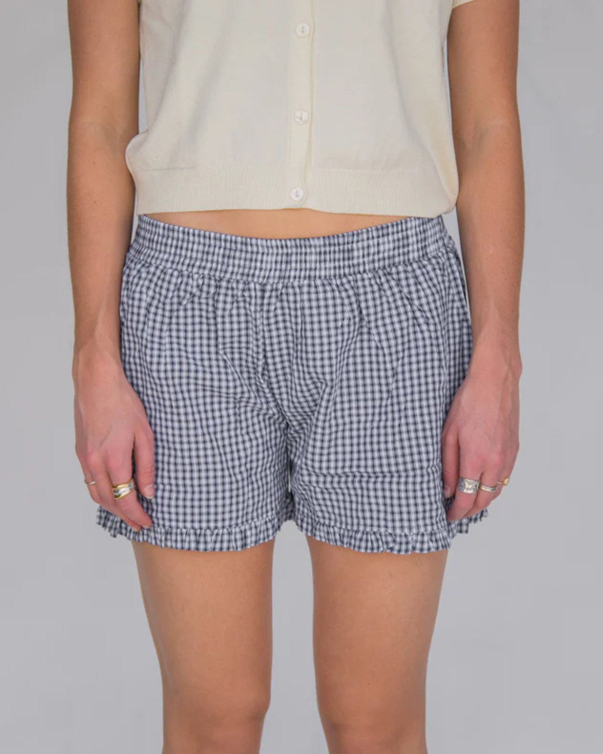 Ruffle Boxer Shorts - navy gingham