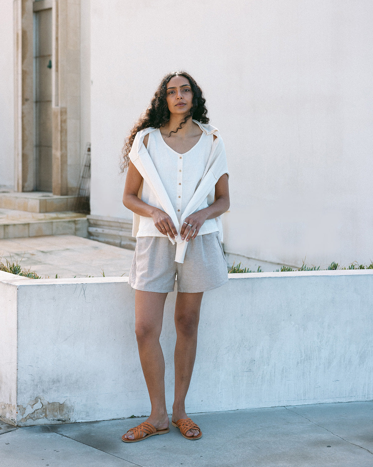 button tank and woven short