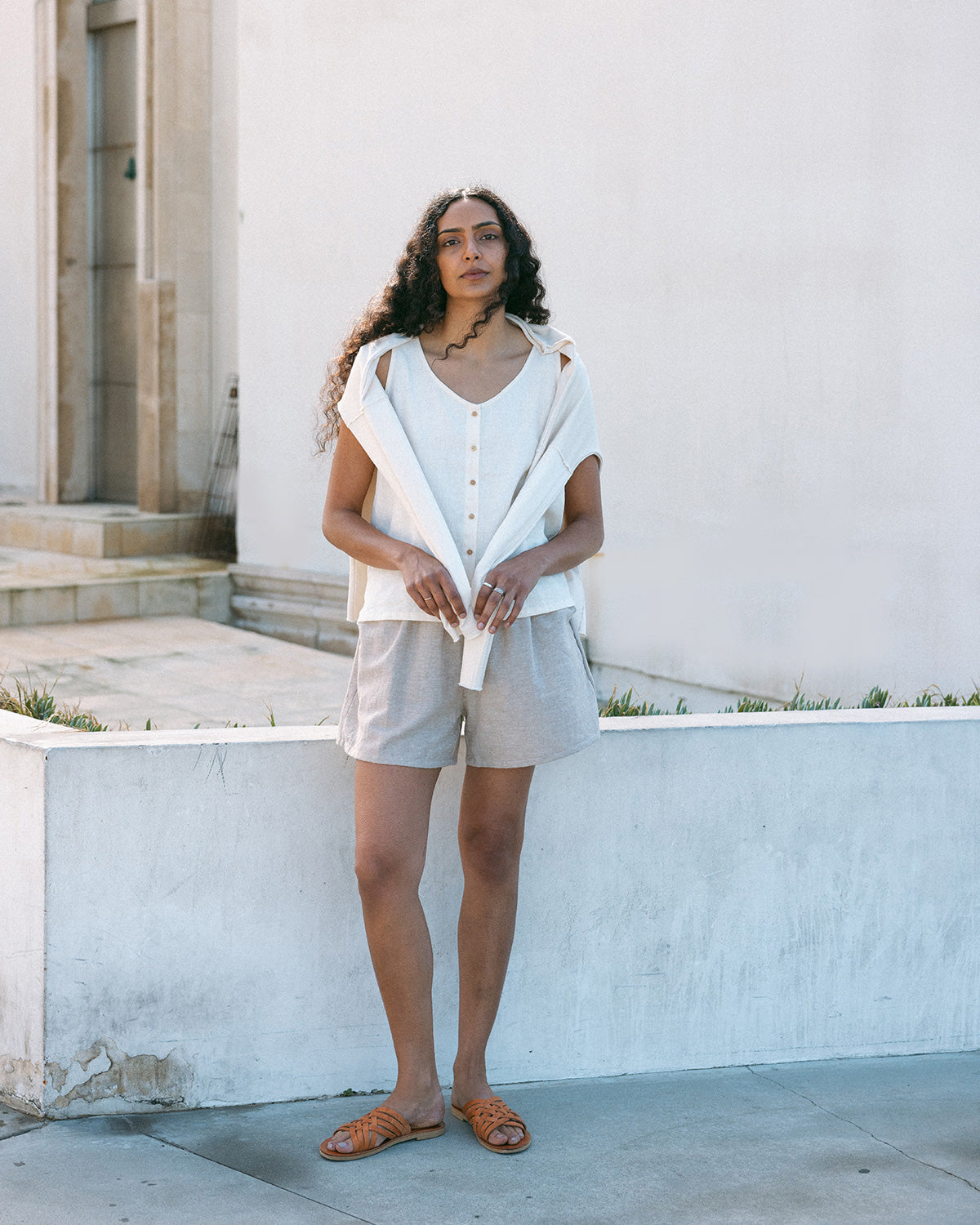 woven tank with shorts and sweater