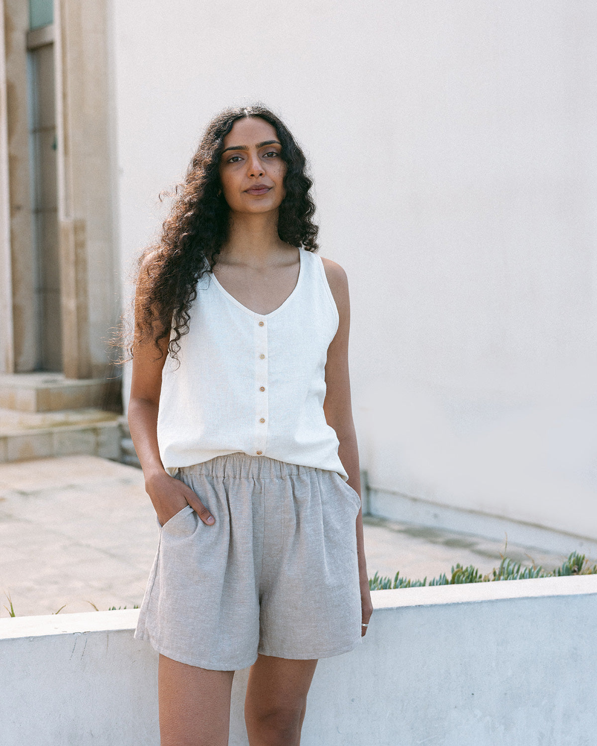 button tank and woven short