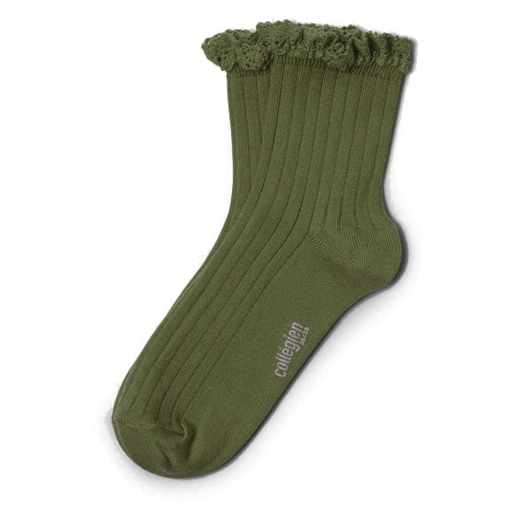 Women's Lace Trim Ribbed Ankle Socks - olive