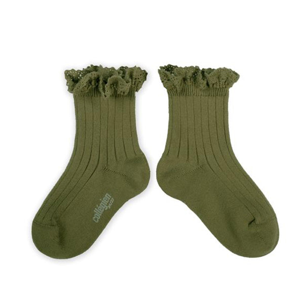 Women's Lace Trim Ribbed Ankle Socks - olive