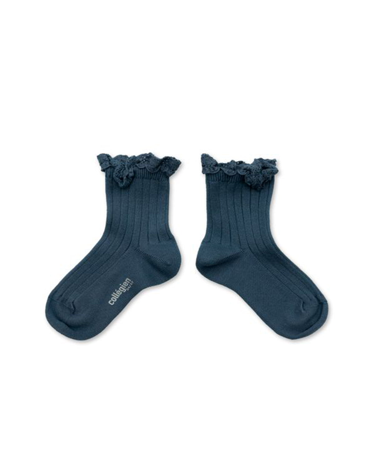 Women's Lace Trim Ribbed Ankle Socks - blue cendre