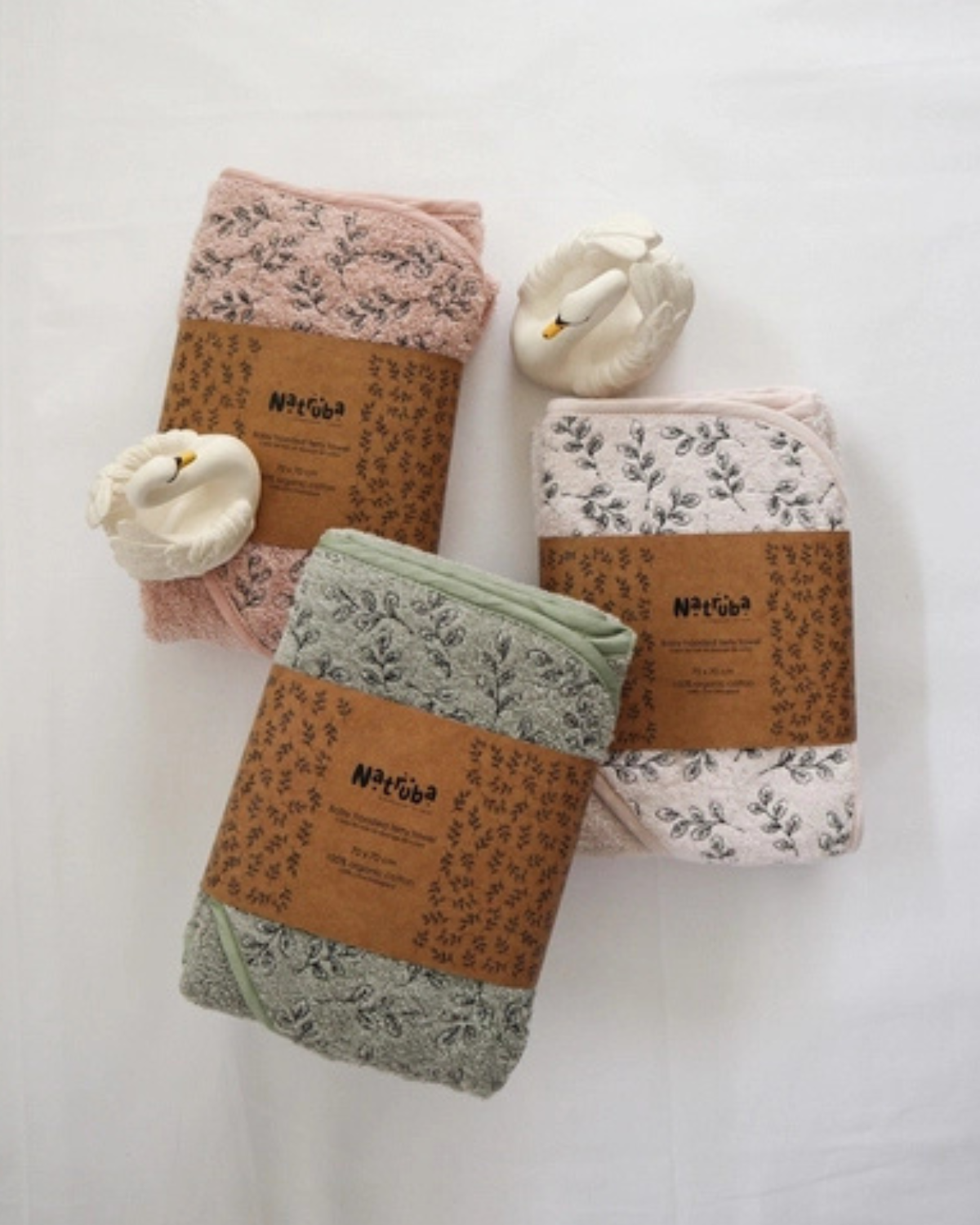 Terry Baby Hooded Bath Towel- Powder Leaf Embroidery