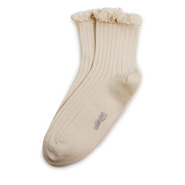 Women's Lace Trim Ribbed Ankle Socks - cream