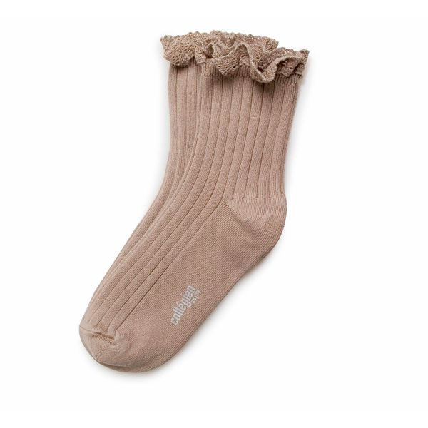 Women's Lace Trim Ribbed Ankle Socks - taupe