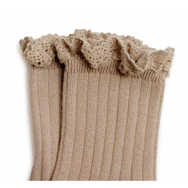 Women's Lace Trim Ribbed Ankle Socks - taupe