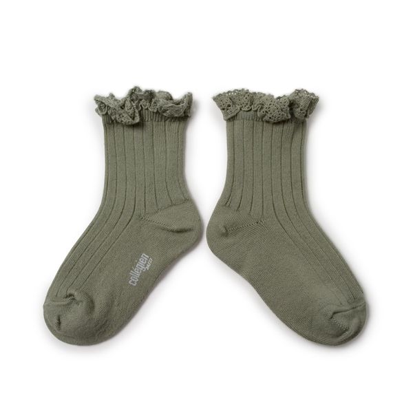 Women's Lace Trim Ribbed Ankle Socks - sage